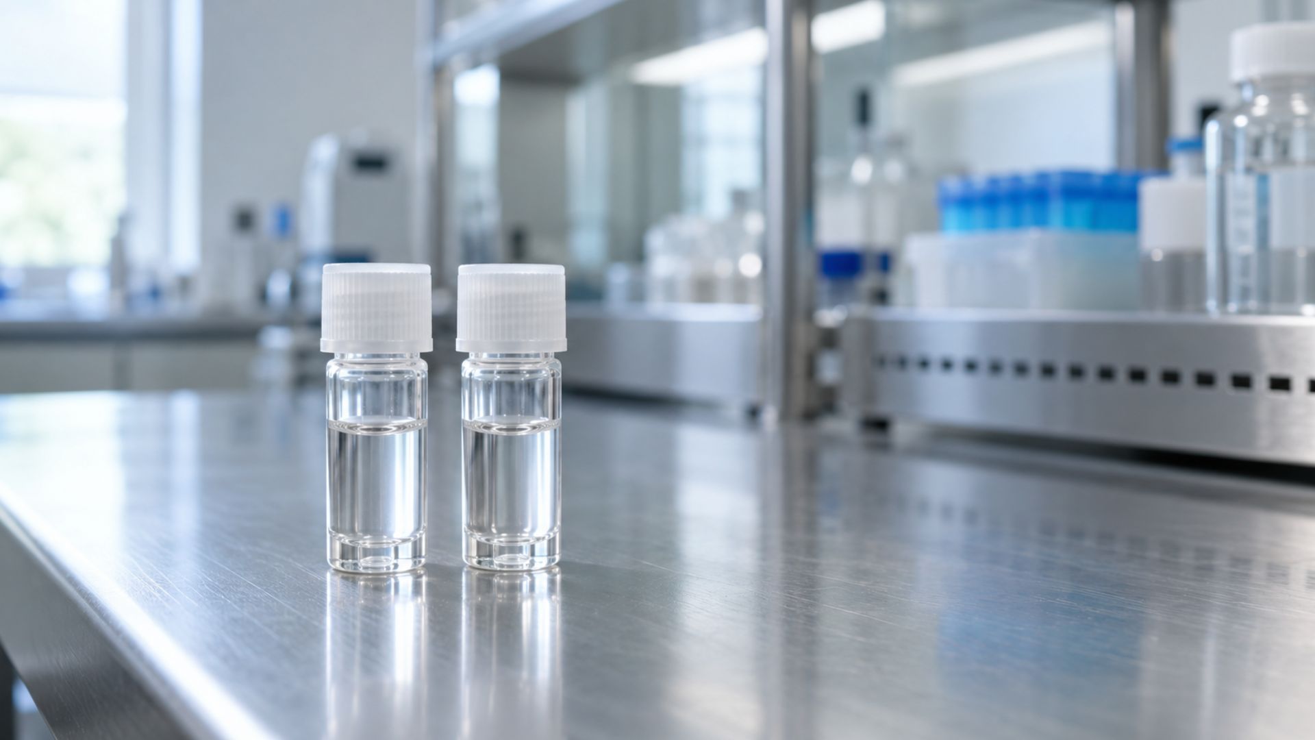 Laboratory technician handling a labeled vial in a cell processing facility