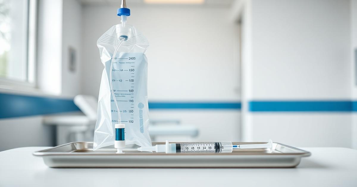 IV infusion bag and syringe prepared in a clinic treatment room