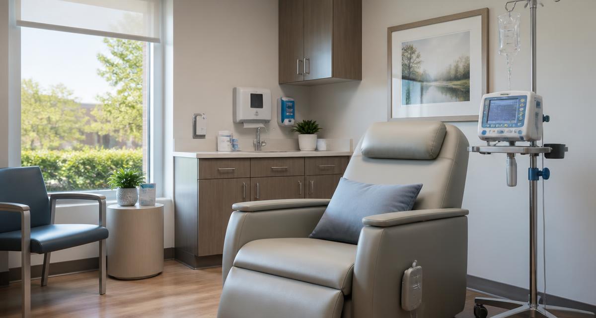 Quiet clinic treatment room with a recliner chair and IV stand in soft daylight